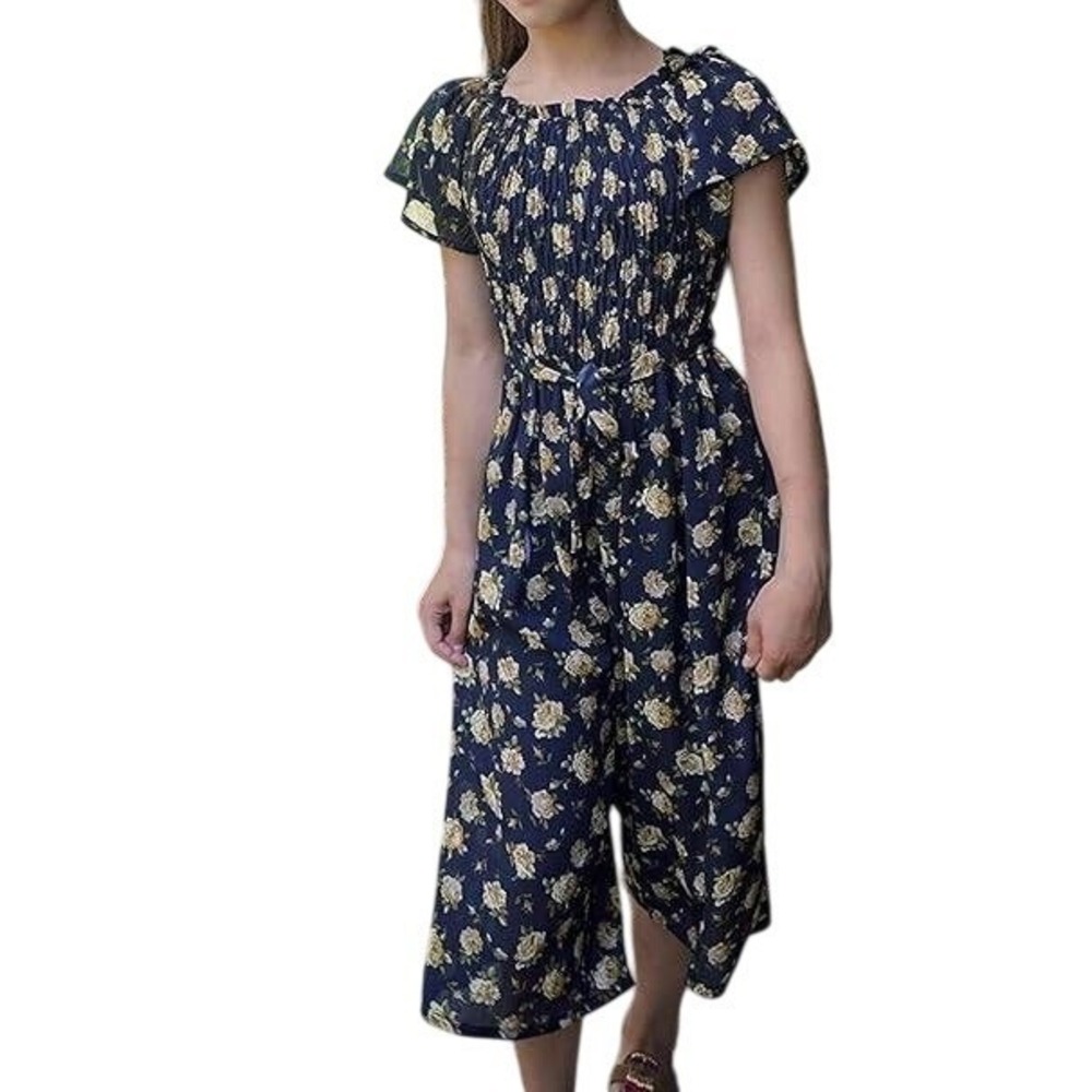 Smukke Girls Navy Yellow Floral Smocked Jumpsuit 10‎